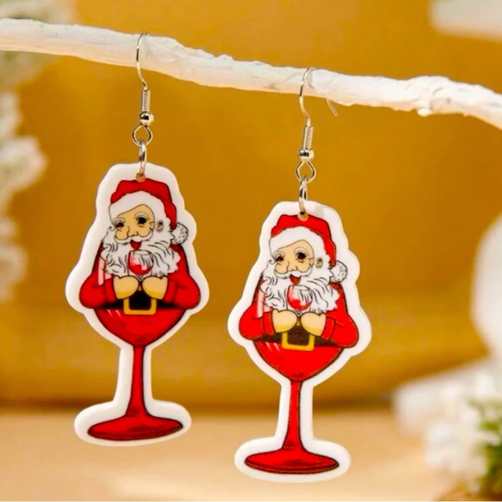 Santa red wine glass silver tone earrings 925 sterling silver hooks - Picture 1 of 2
